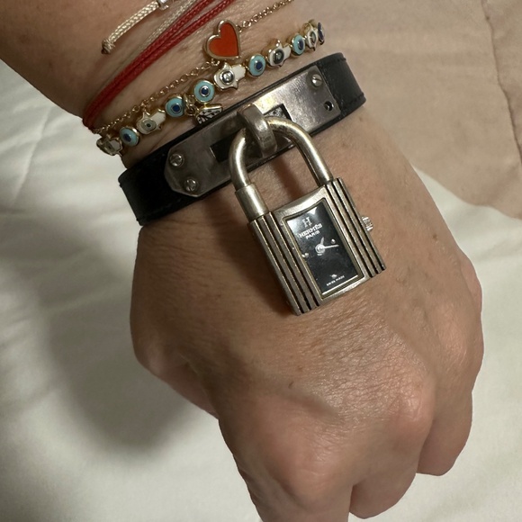 HERMES KELLY WATCH SILVER LOCK & BLACK BAND